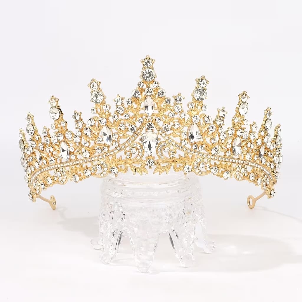 Coroa de Noiva Estilo RAINHA Barroco DOURADA - Liga de Zinco, Sem Penas, Acessório de Cabelo Elegante para Casamentos