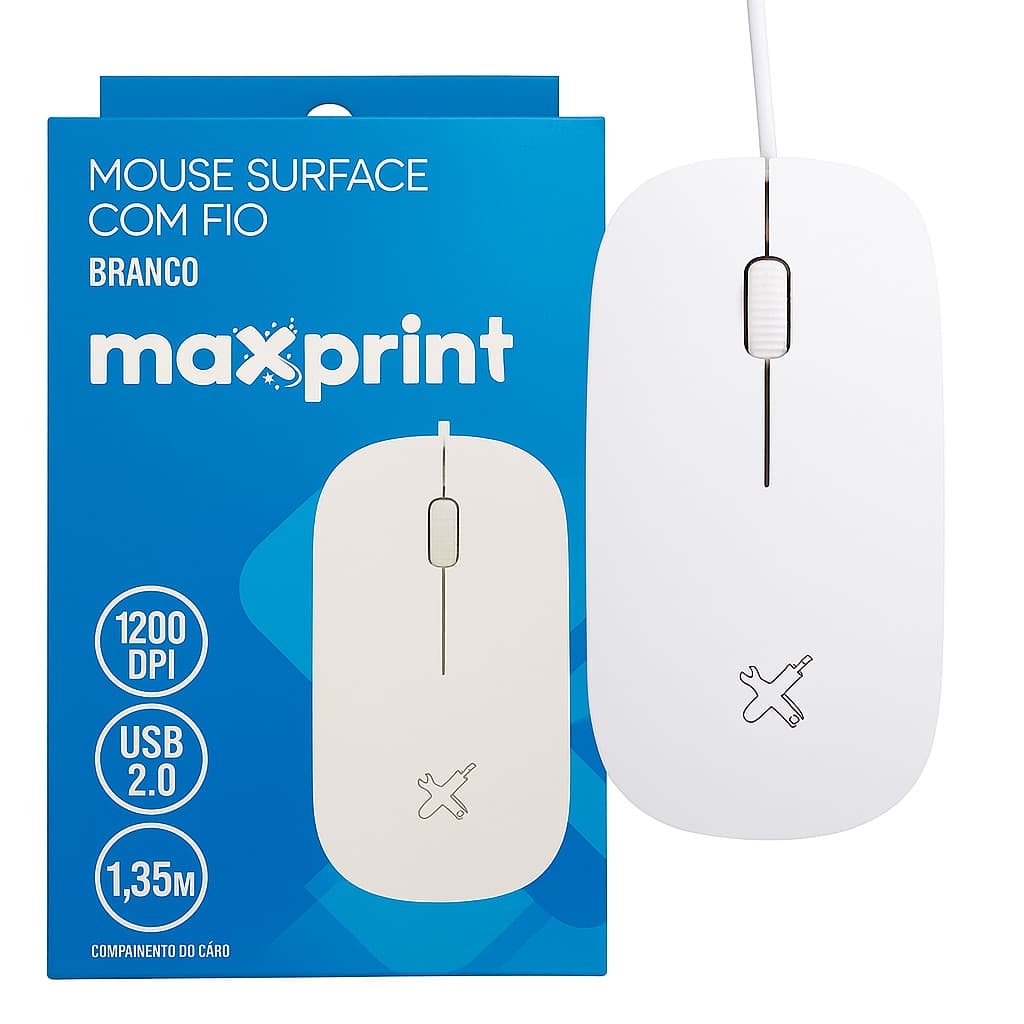 Mouse Óptico USB com Fio 1200 DPI Surface Maxprint Branco Ergonômico Leve Precisão PC Notebook