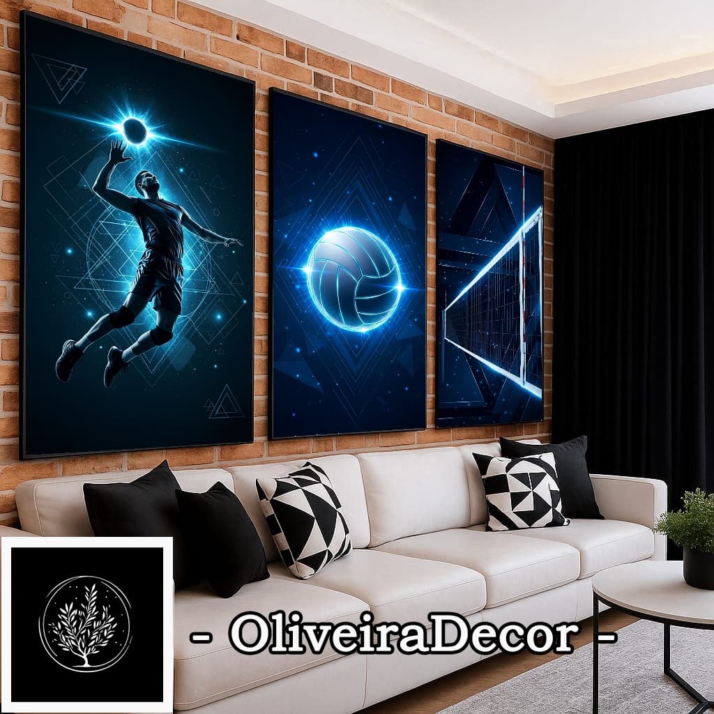 KIT QUADROS DECORATIVOS ARTE NEON AZUL JOGADOR BOLA VOLEI 3 PEÇAS DECORAR SALA QUARTO ESCRITORIO