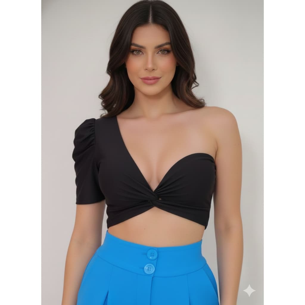 Cropped Preto Ombro Único Corte Diferenciado Confortável E Elegante Estilo Moderno E Versátil