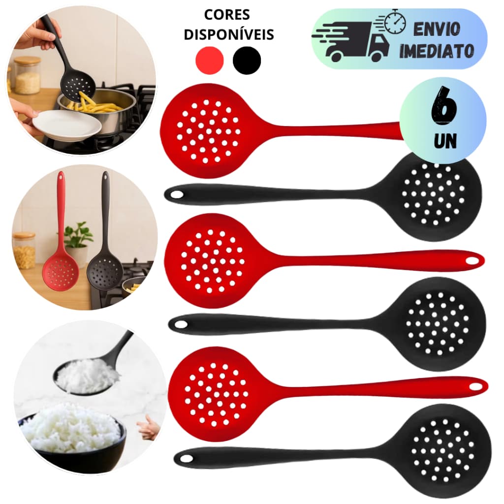 KIT 2 A 6 ESCUMADEIRA MULTIUSO DE SILICONE RESISTENTE VERMELHA E PRETA UTENSÍLIO PREMIUM PARA FRITAR SERVIR ARROZ