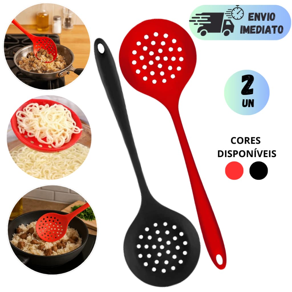 ESCUMADEIRA DE SILICONE MULTIUSO VERMELHA E PRETA UTENSÍLIO PREMIUM PARA FRITAR SERVIR