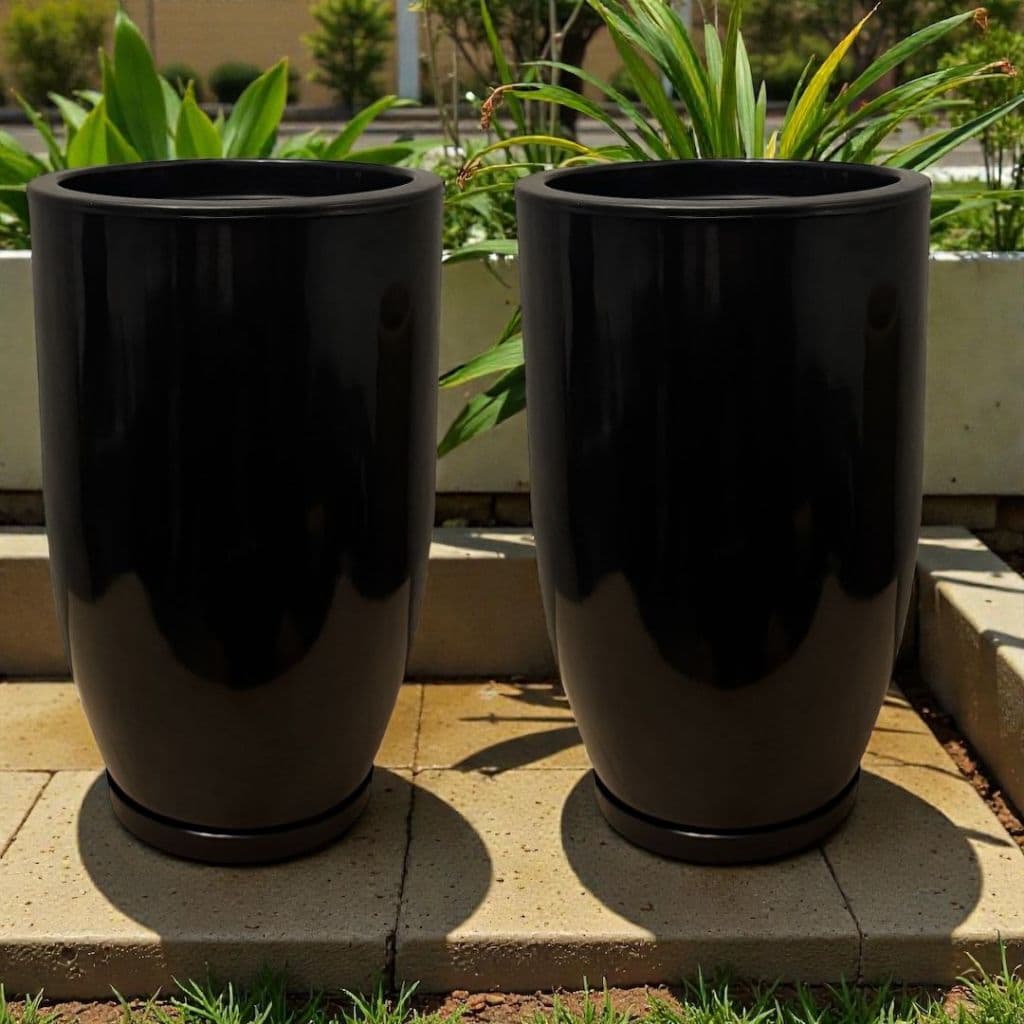 Kit 2 Vasos Grande polido Marmorizados 48cm Decorativos Para Plantas Flor Jardim Polietileno Coluna polida N2 Com Pratos