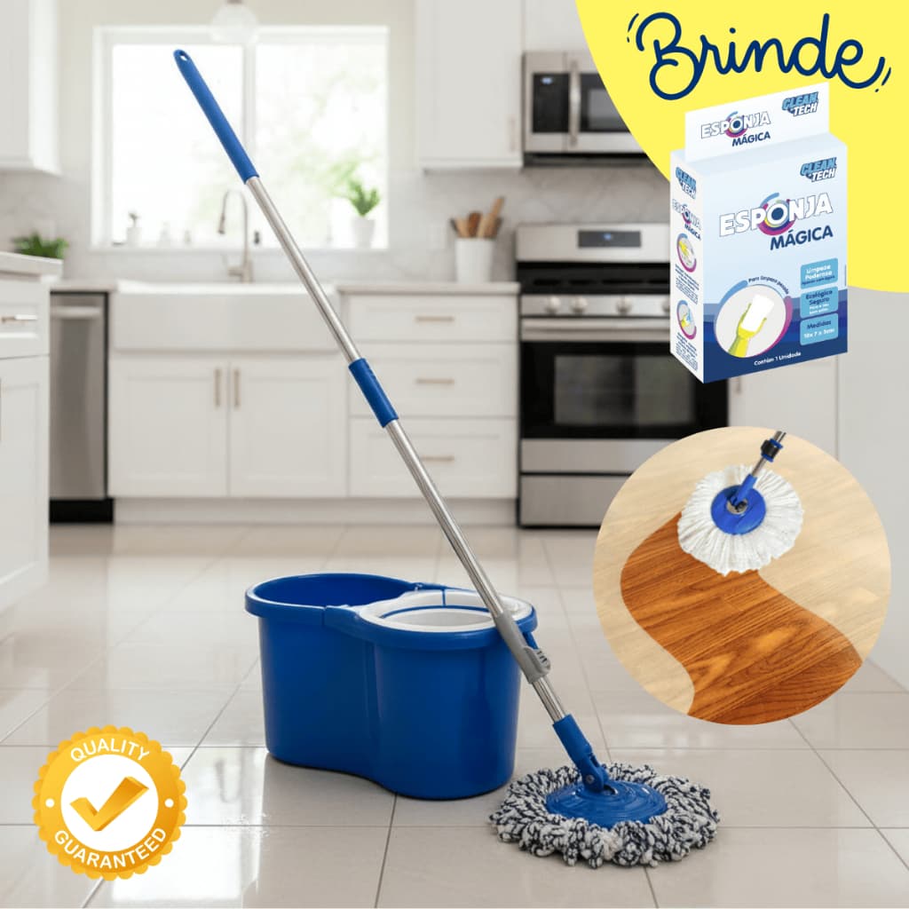 Mop Esfregão Giratório Balde 8L Cabo Inox e Refil Microfibra para Limpeza Completa