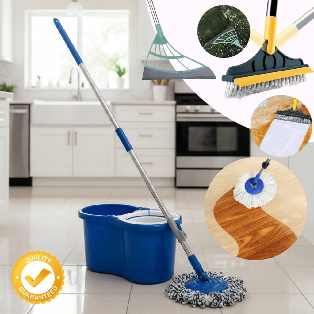 Mop Limpeza Esfregão Giratório Microfibra 360 Balde 8L + Escova Rodo 2x1 + Vassoura Mágica Silicone