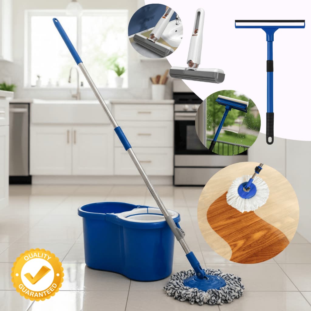 Mop Giratório 360 Balde 8L Microfibra Lava Seca Profissional + Limpa Vidros + Mini Mop