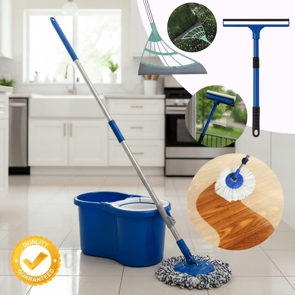 Mop Giratório Esfregão Limpeza 360 Balde 8L + Rodo Silicone Vassoura Mágica + Limpador Vidros Janela