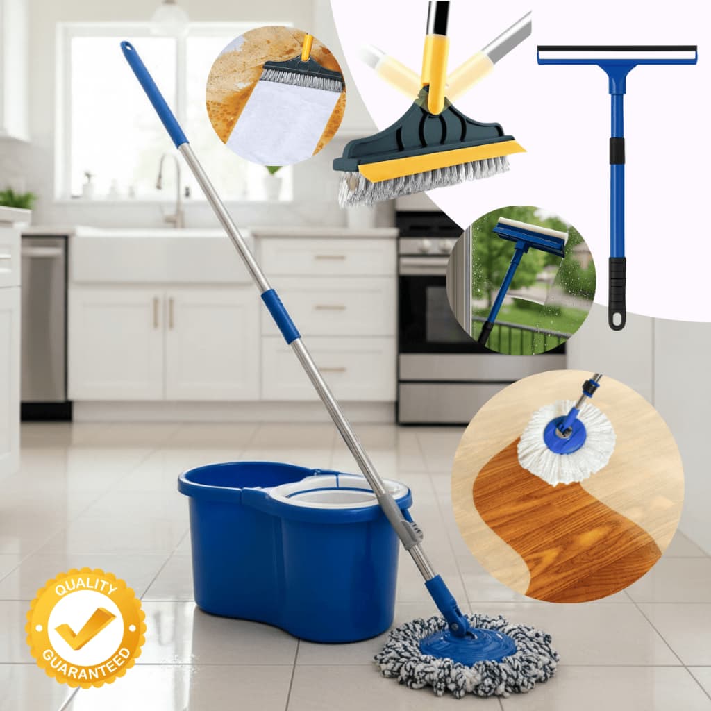 Mop Limpeza Giratório Esfregão Microfibra 360 Balde 8L + Vassoura Rodo 2x1 + Limpador Vidros Sacada