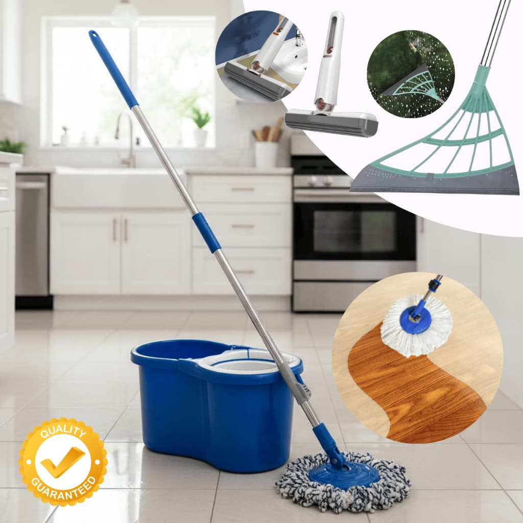 Mop Giratório Esfregão Limpeza 360 Balde Lava Seca+ Rodo Silicone Vassoura Mágica + Mini MOP Rodinho