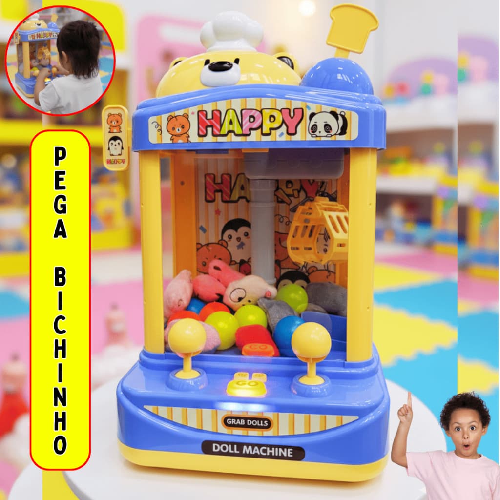 Mini Maquina De Pegar Bichinhos Brinquedo Infantil Garra Amarela Música e Sons Diversão