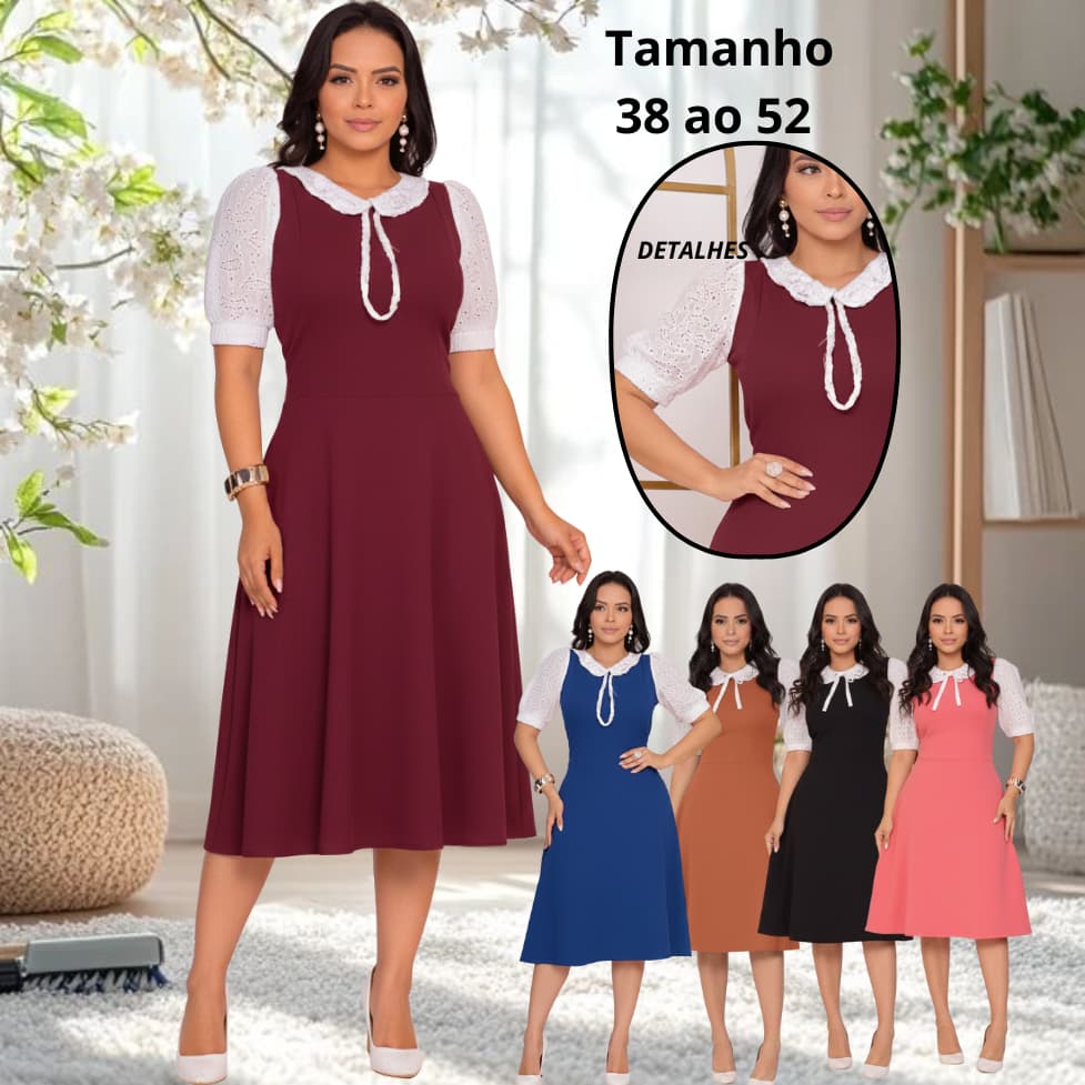 Vestido Feminino Mídi Social Rodado Manga Lesse Princesa Moda Evangélica Modesta Casual Festa Plus