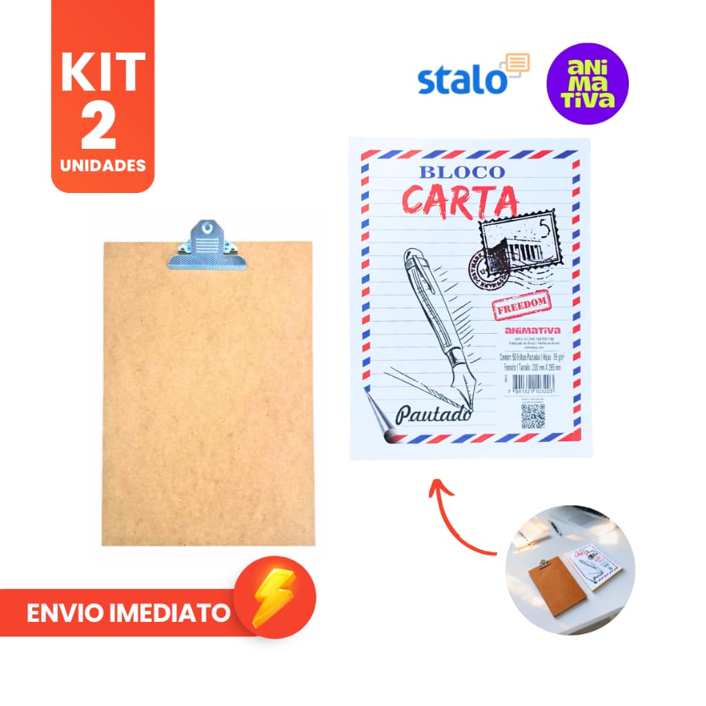 Kit Prancheta Prendedor A4 Bloco Carta Pautado 50 folhas