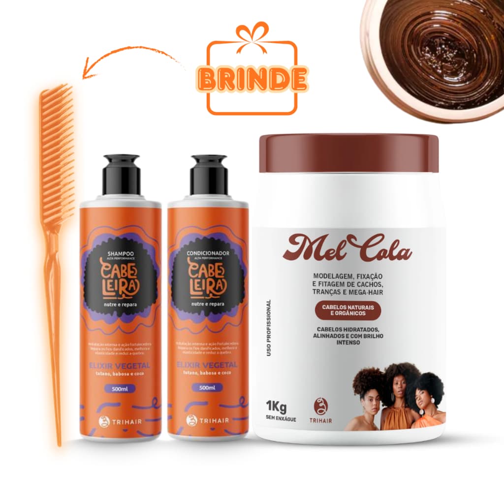 Mel Cola Modelador Trihair 1Kg + Shampoo e Cond. Cabeleira + BRNDE | Liberados p/ No Poo e Low Poo
