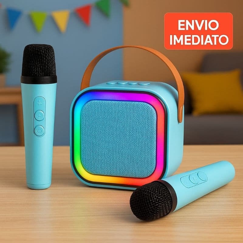 Caixa Som Karaokê 2 Microfones Infantil Música Diversão Bluetooth Efeitos LED Alta Potência Azul