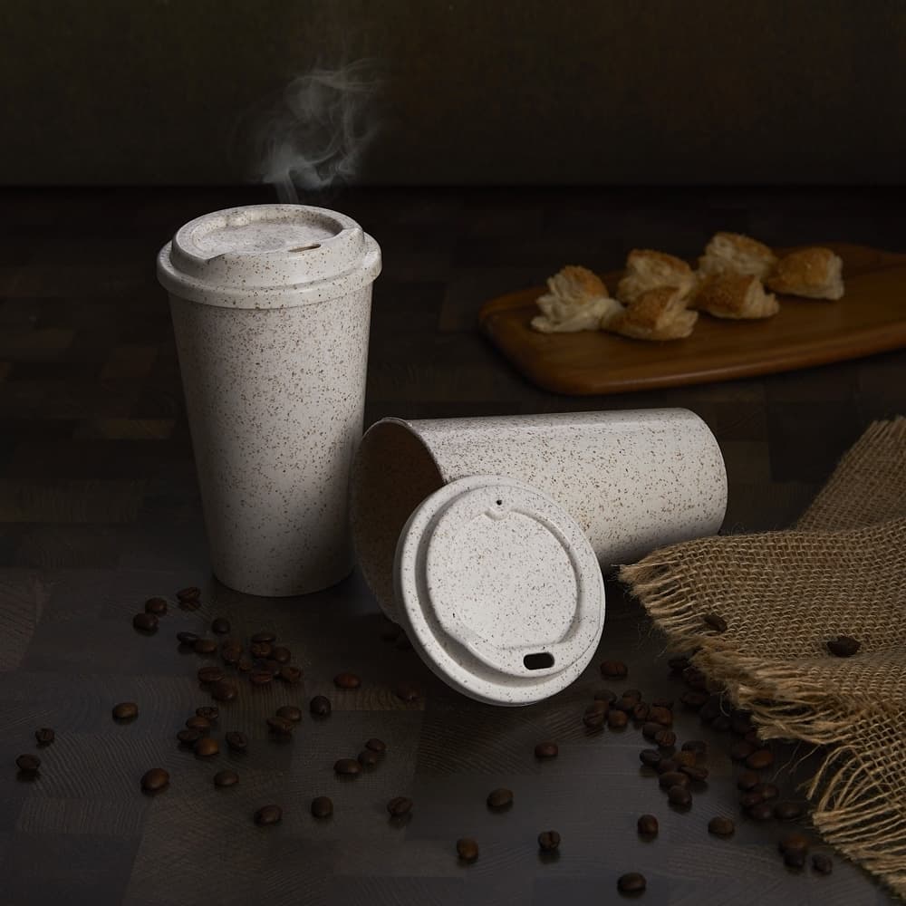 15 Copo de Fibra 550 ml Ecológico com Tampa Sustentável Reutilizável Café Chá Home Office Brinde Premium