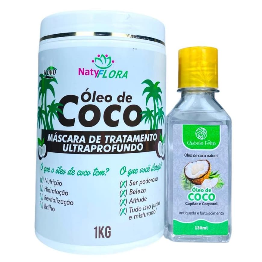 Kit Óleo de Coco com Máscara e Óleo Capilar Hidratação, Nutrição e Brilho NatyFlora e Cabelo Feito