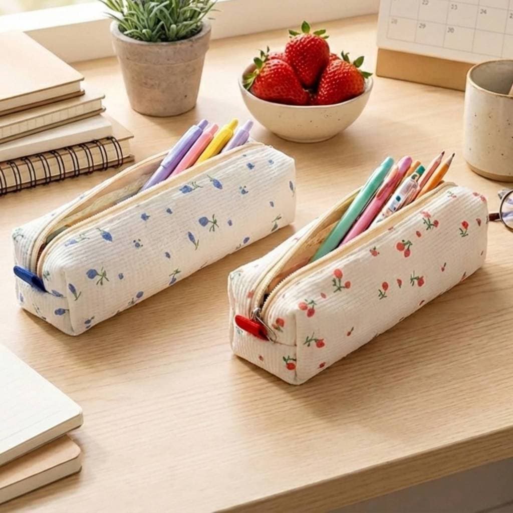 Estojo Escolar Tecido Floral Vermelho Azul Nécessaire Maquiagem Flores Vintage Estampas Kawaii
