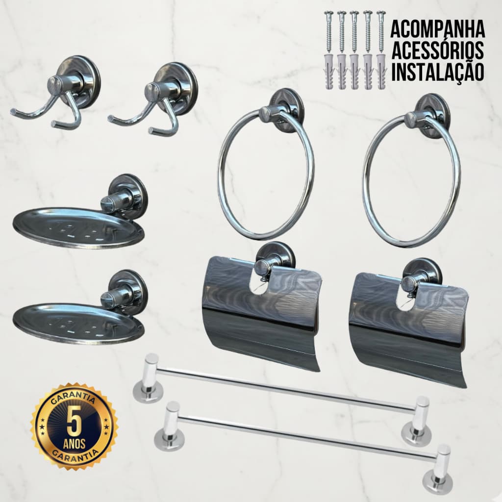 2 Kit Acessórios Para Banheiro de Metal Inox 5 Peças Completo Cromado