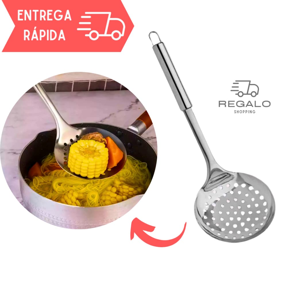 Escumadeira de Arroz de Inox Grande para Comidas Alimentos com Alça Utensilio Cozinha 34cm Aço Inox