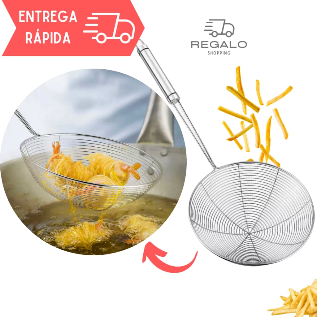 Escumadeira Fritadeira de Inox Redonda para Frituras Peneira Pastel Batata Fritar Utensilio Cozinha