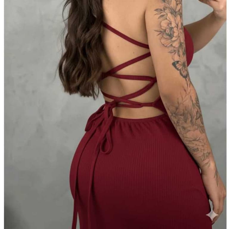 VESTIDO MIDI ANARRUGA CANELADO COSTAS TRANÇADO