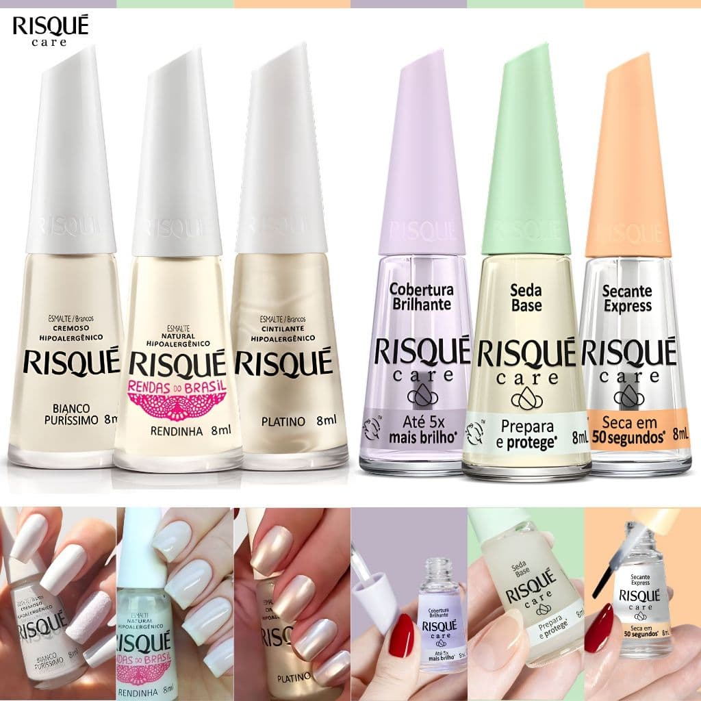 Kit 6 Esmaltes Risqué Tons Brancos Bases Risqué Care Seda Cobertura Brilhante Secante Express Atacado