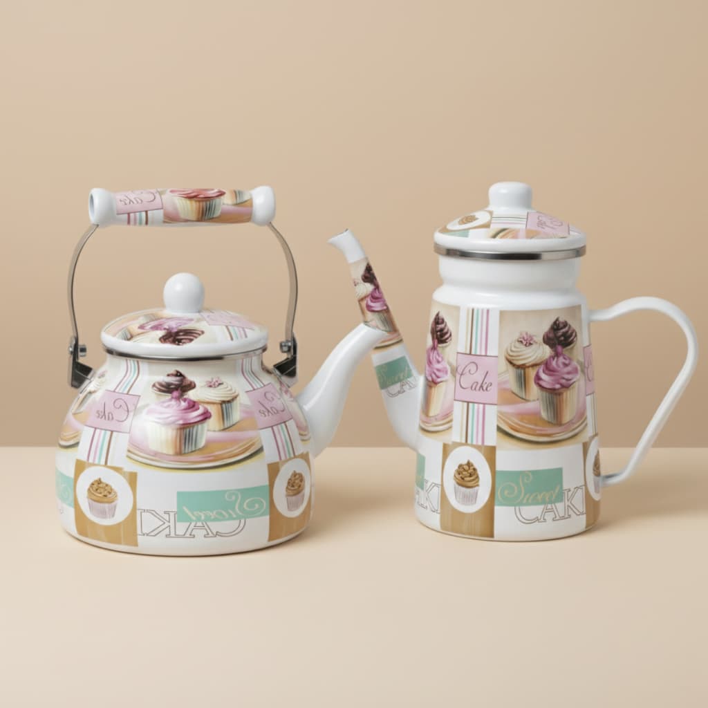 Chaleira Esmaltada 2,5 Lts e Bule Esmaltado 1,2 Lts Com Indução Decoração Opcional A5 Importadora