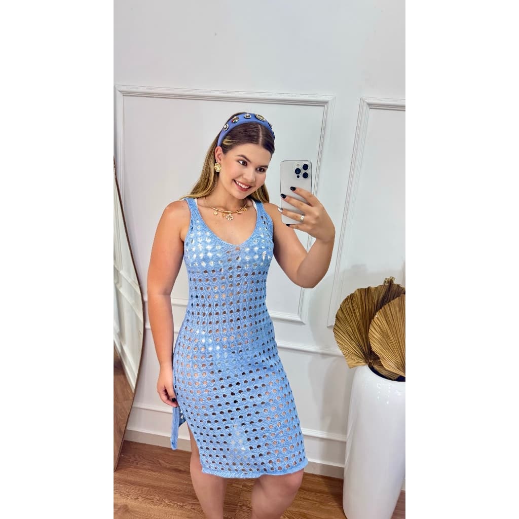Vestido saída de praia feminino Midi  Fenda nas duas laterais,Decote V,Regata verão Malha Furadinha