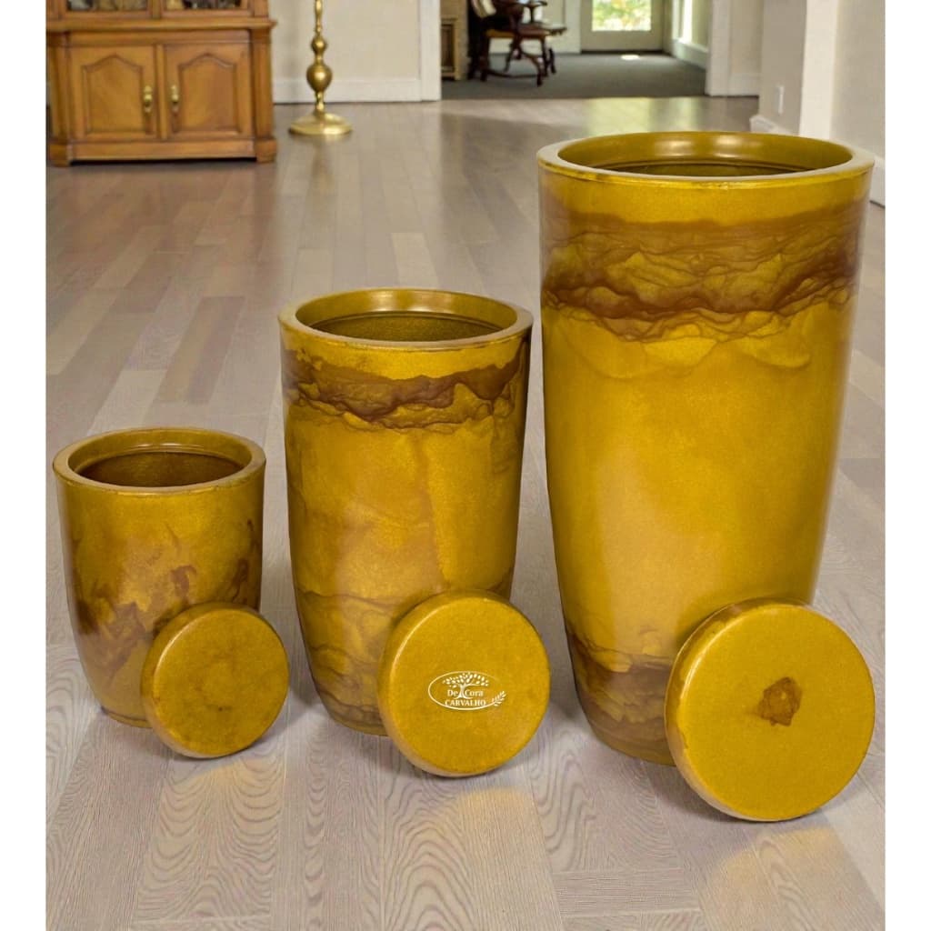 Kit 3 Vasos  P/Planta ou Flores Cone Bojo Marmorizado Polietileno P, M e G Casa Jardim C/Prato