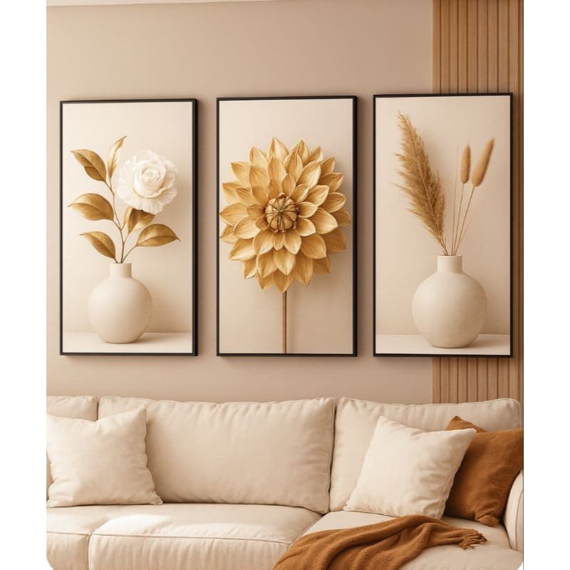 Quadro Decorativo 3 Peças Floral Dourado Luxo