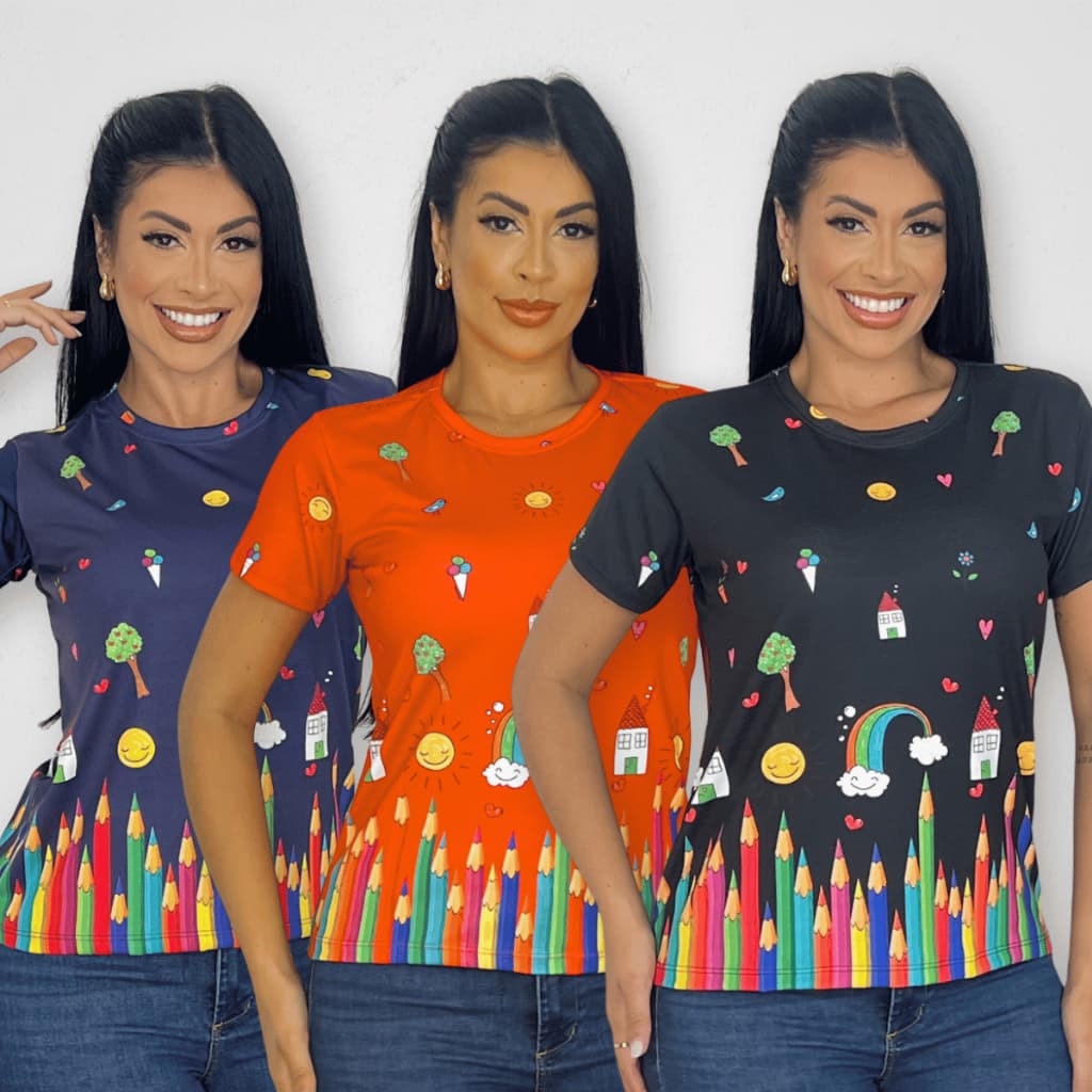 Blusa Feminina Estampada Colorida T-shirt Professora Camiseta Criativa Lápis Desenho Didática
