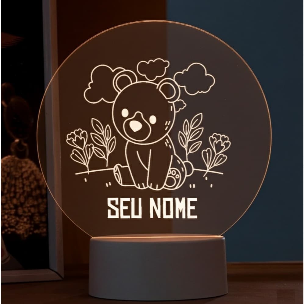 Luminária LED em Acrílico Ursinho na Floresta Base RGB 7 Cores Seu Nome Personalizado Infantil Baby