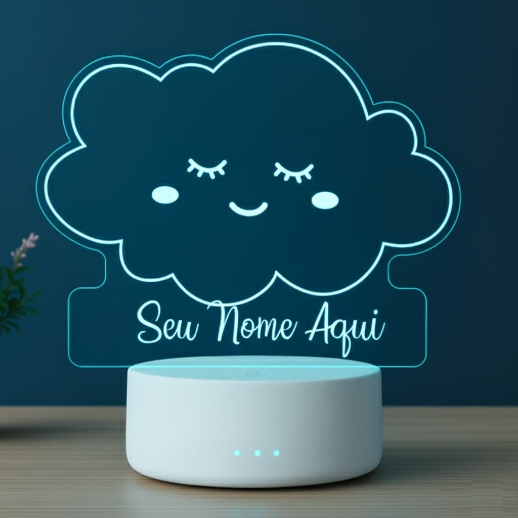 Luminária LED em Acrílico Nuvem e Nome da Criança Base RGB 7 Cores Seu Nome Personalizado Infantil