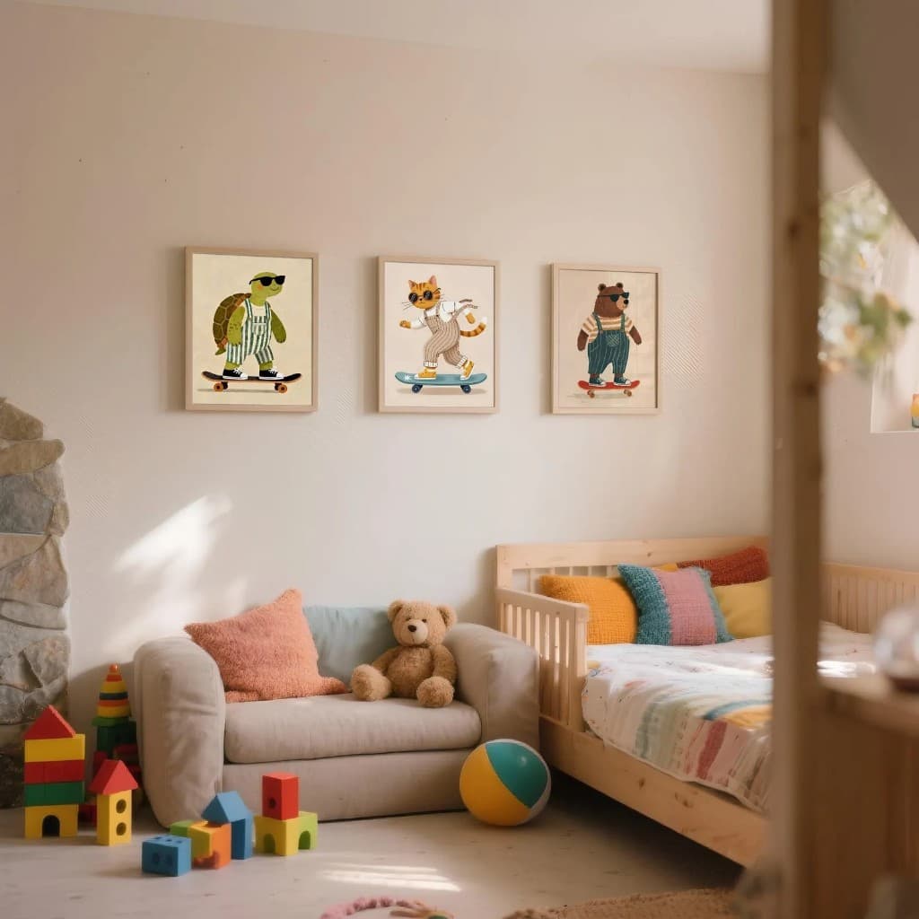 Kit 3 Quadros Decorativos Infantil | Animais Safari, Skate | Quarto Bebê Menino – Skatistas da Savana No2