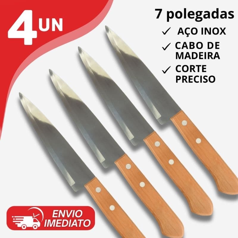 Facas Inox 7”  Cozinha e Churrasco  Cabo de Madeira