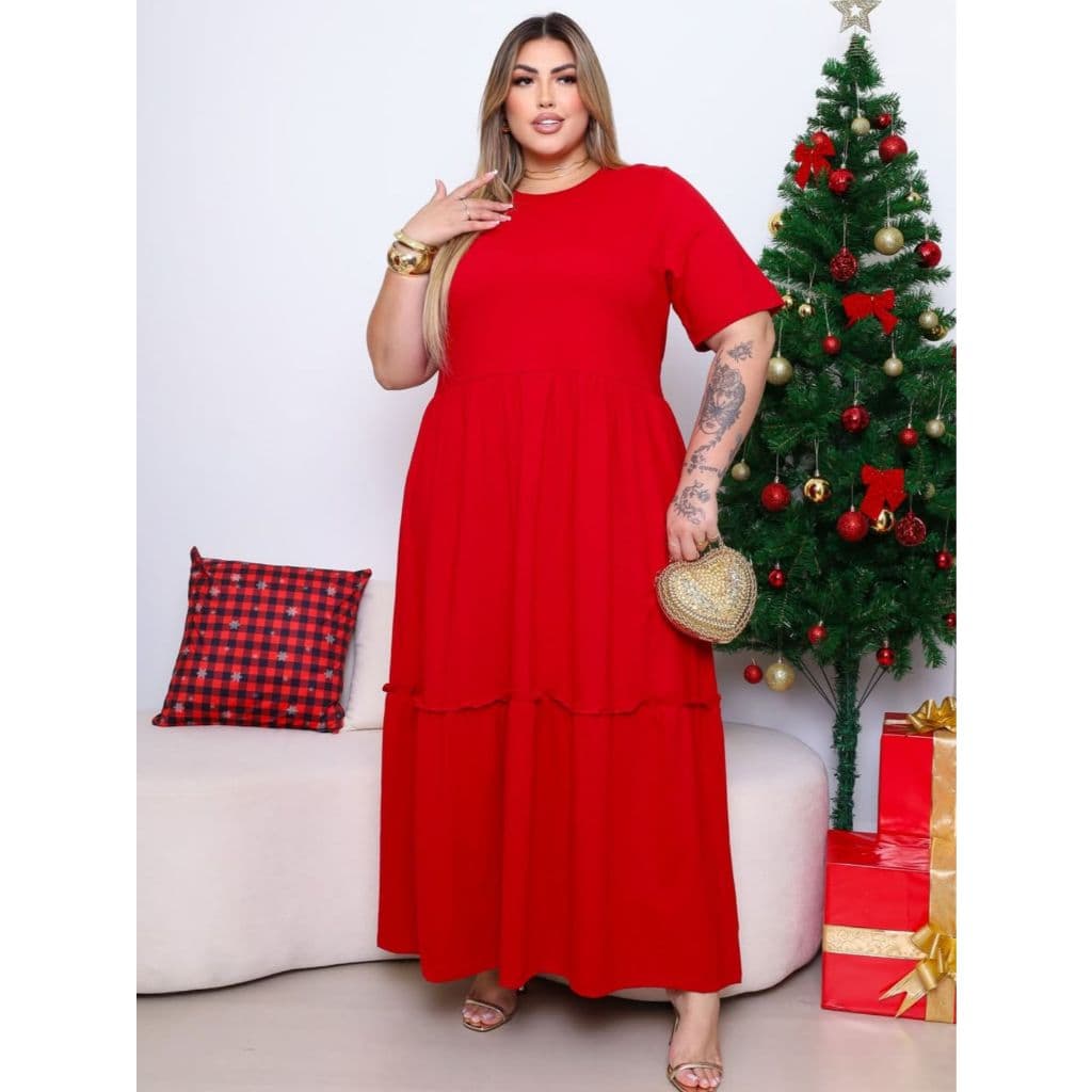 VESTIDO LONGO PLUS SIZE FESTA NATAL REVEILLON EM ALGODAO ESTILO 3 MARIAS ELEGANTE SOLTO VERAO