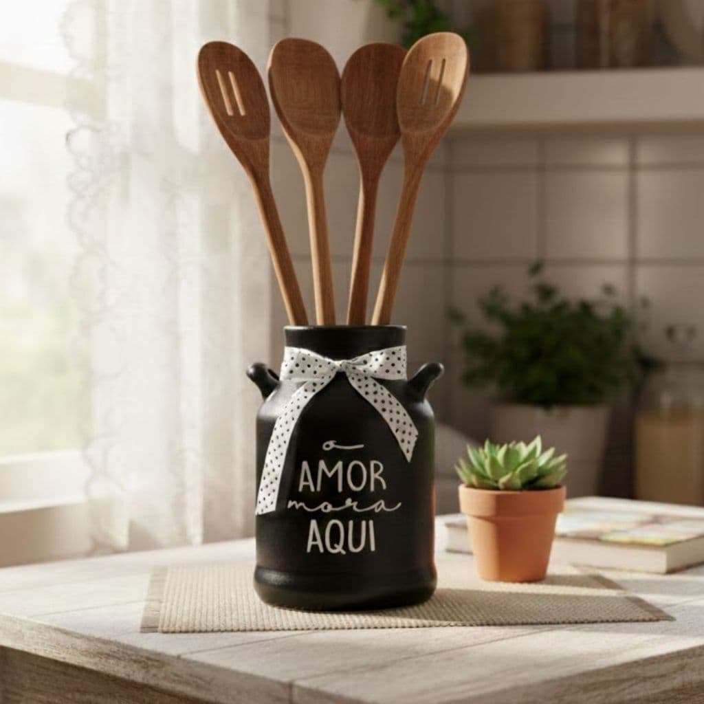 Porta Talher Preto Decorativo Para Cozinha Ceramica Leiteira
