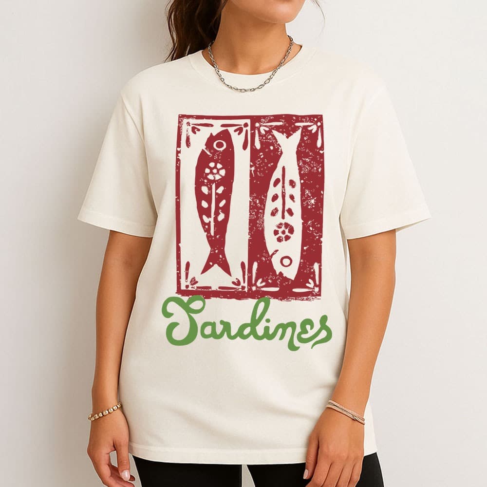Camiseta Feminina 100% Algodão Sardines Estampa Vintage Peixes Camisa Retrô Criativa Casual Conforto