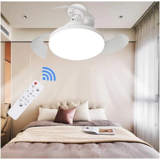 Ventilador De Teto Retratil 80W Lâmpada 3 Cores E27 Silencioso Bivolt Com Controle PREMIUM VICCOLI
