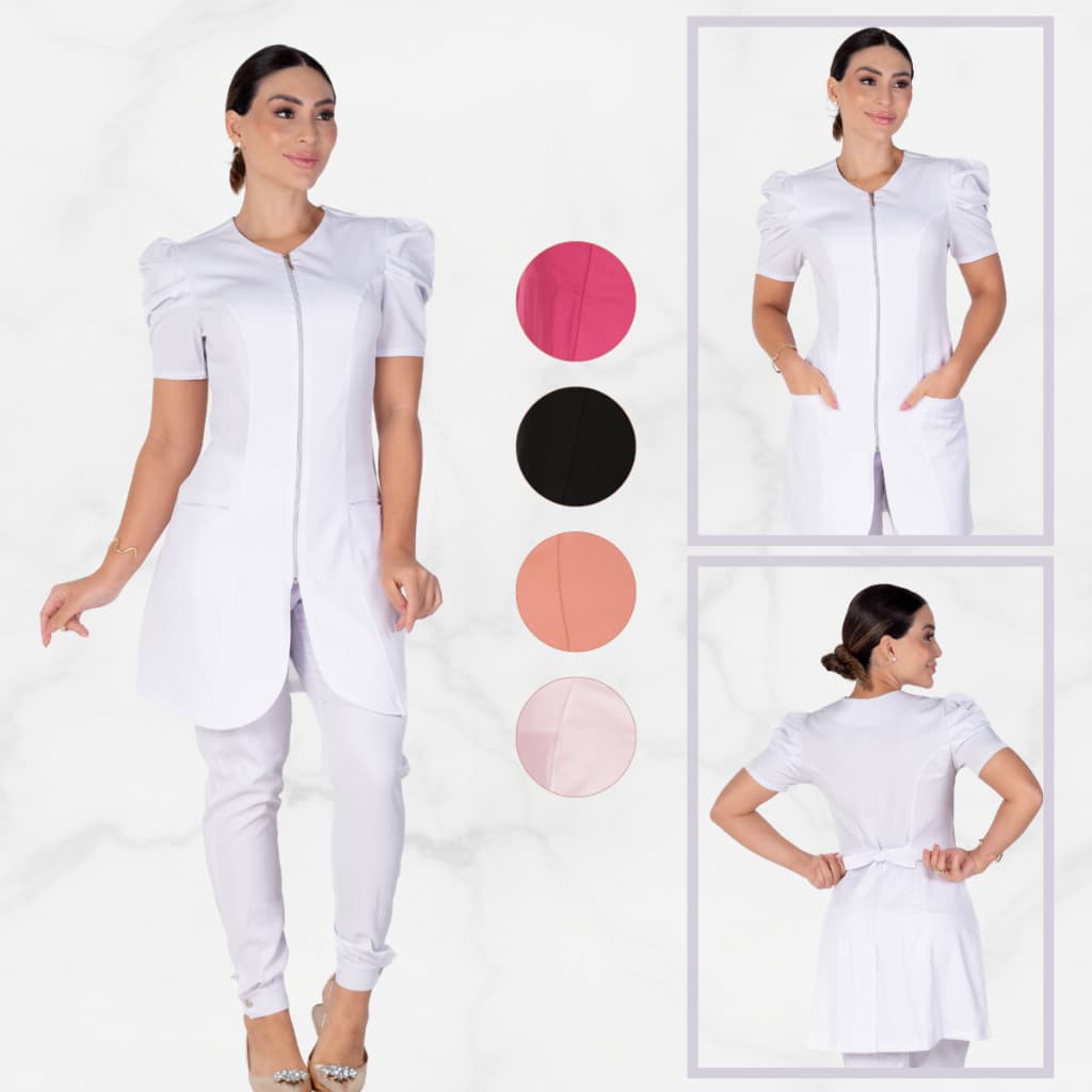 Jaleco Feminino Manga Curta Bufante Com Elastano Bolso Ziper Manga Princesa Varias Cores