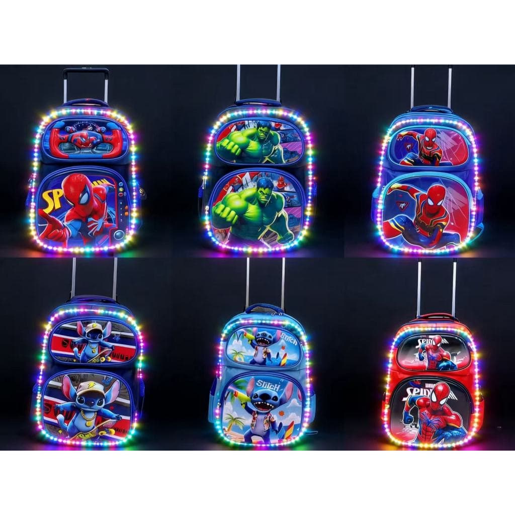 Mochila com Luz LED piscante com  rodinha Escolar Infantil Menino, Resistente vários Designs em 3D