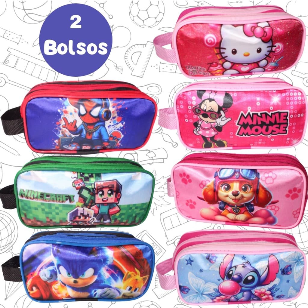 Estojo escolar Infantil • Duplo 2 Bolsos • Resistência e Estampas de Personagens - meninos e meninas