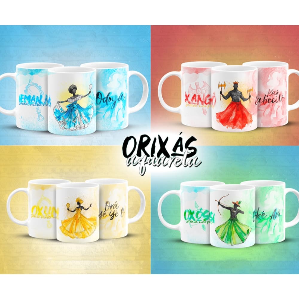 Caneca Orixás Aquarela Porcelana Personalizada Oxum Xangô Iemanjá Oxóssi Ogum Omolu Nanã