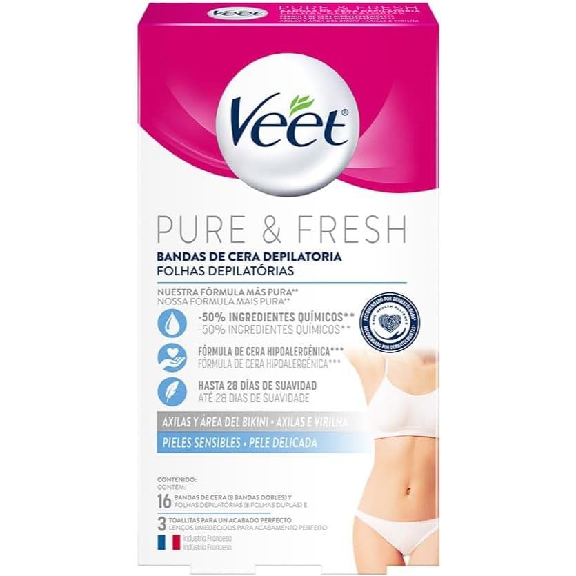 Cera Fria Depilatória Veet Pure & Fresh 16 Folhas | Axilas e Virilhas Pele Delicada Remoção Suave