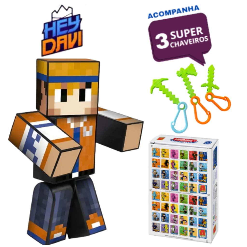 Boneco Gamer Articulado Hey Davi 25cm + 3 Chaveiros da Familia Arqueira Craft