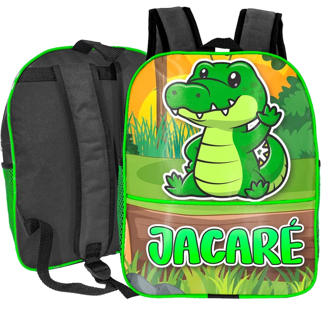 Mochila Bolsa Infantil Pequena de Menino Escolar Estampa Tema Jacaré Resistente com Bolsos Laterais