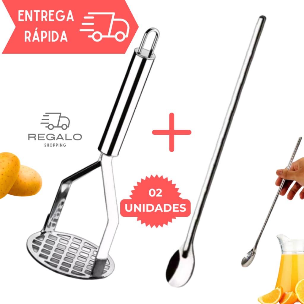 Colher de Suco Longa 30cm + Amassador de Batata Inox para Cozinha Kit de Qualidade