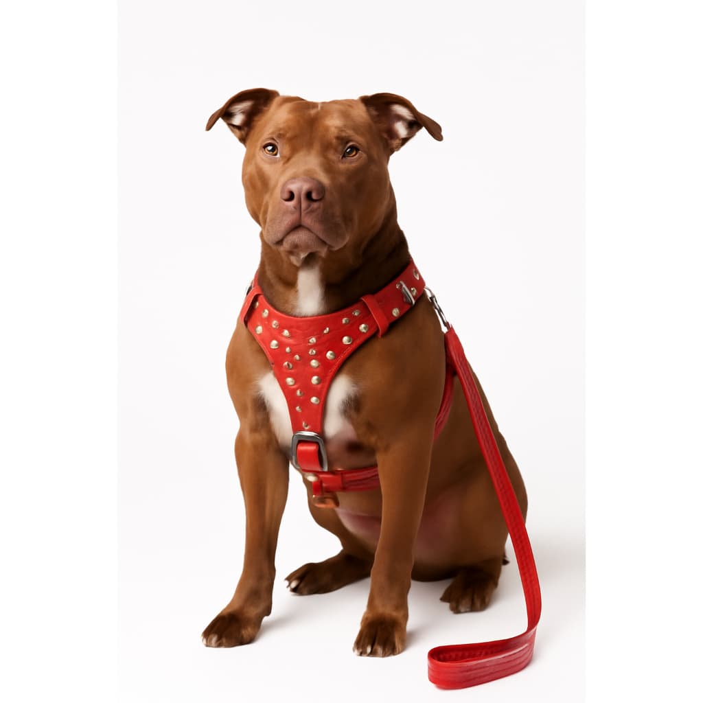 Kit Peitoral de Couro Vermelho com Espinhos e Guia – Conjunto Completo para Cachorro Estiloso e Confortável