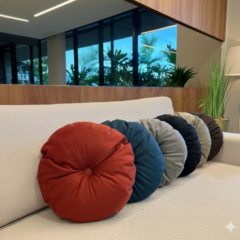 Almofada Futon Redonda 43x43 com Botão – Super Macia, Decorativa, Cores Sortidas