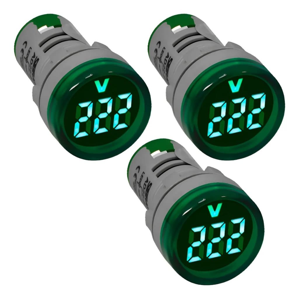 kit 3 Voltimetro Digital 22mm Led Verde Ac Ca Painel Embutir 110v 220v